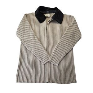 Maurada Women's Beige Ribbed Knit Zip Up Jacket Black Velvet Collar Medium